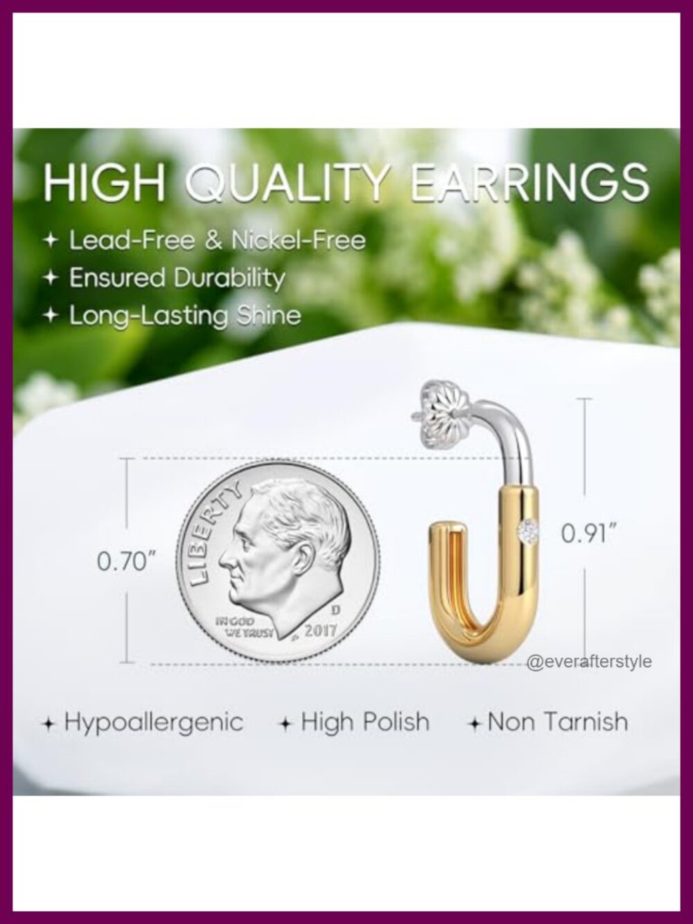 Two Tone Moissanite Hoop Earrings 14k Gold & White Gold Plated Hypoallergenic - Picture 5 of 5